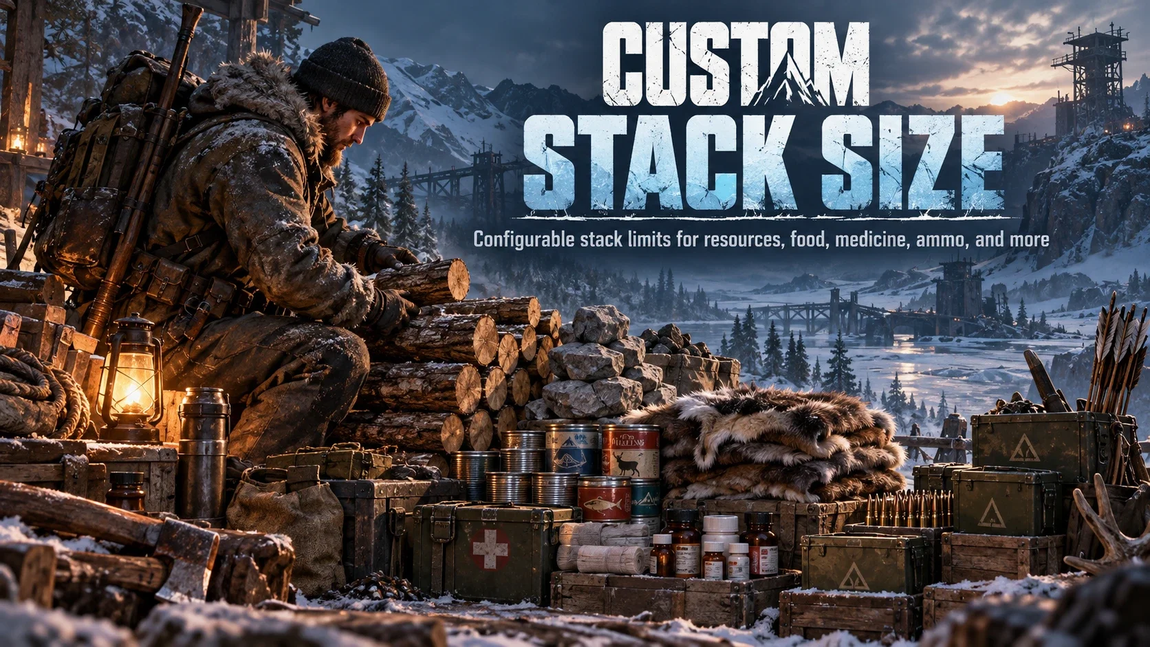 Banner for the Custom Stack Size mod showing a survivor in a cabin surrounded by stacked logs, canned food and supply crates