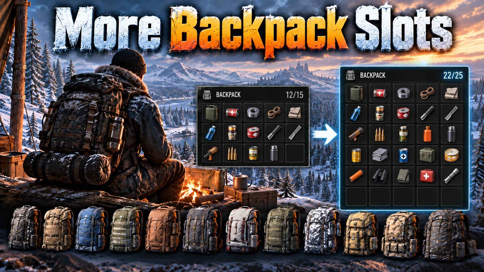 Banner for the More Backpack Slots mod showing a survivor by a campfire beside a backpack grid that grows from 15 to 25 slots