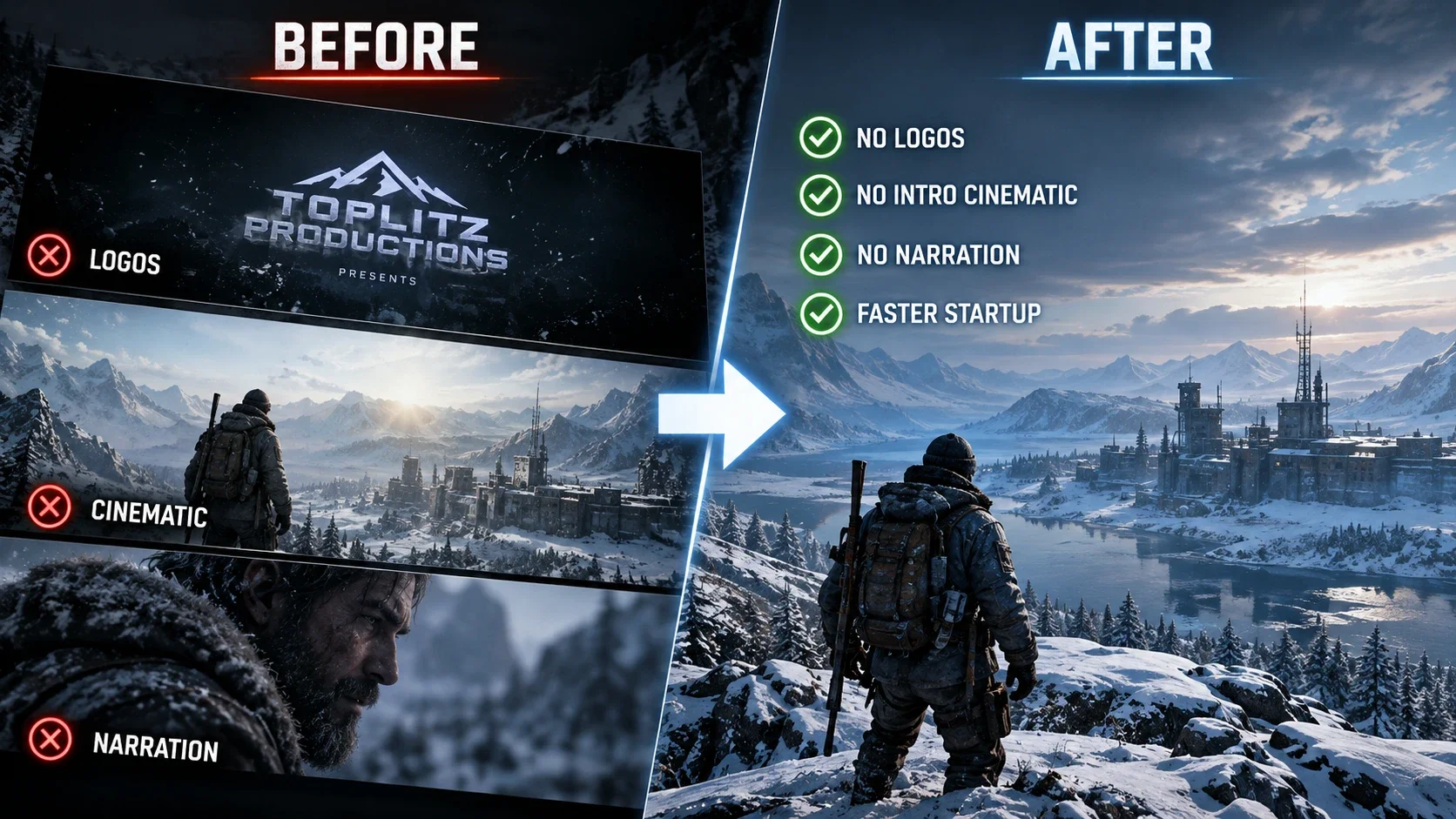 Before and after banner for the No Intro mod, with the startup logos, cinematic and narration crossed out and a faster start checked off
