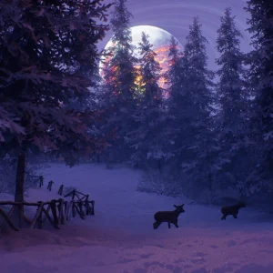 Two deer walk through a snowy pine forest at night under a large cracked moon and a purple sky