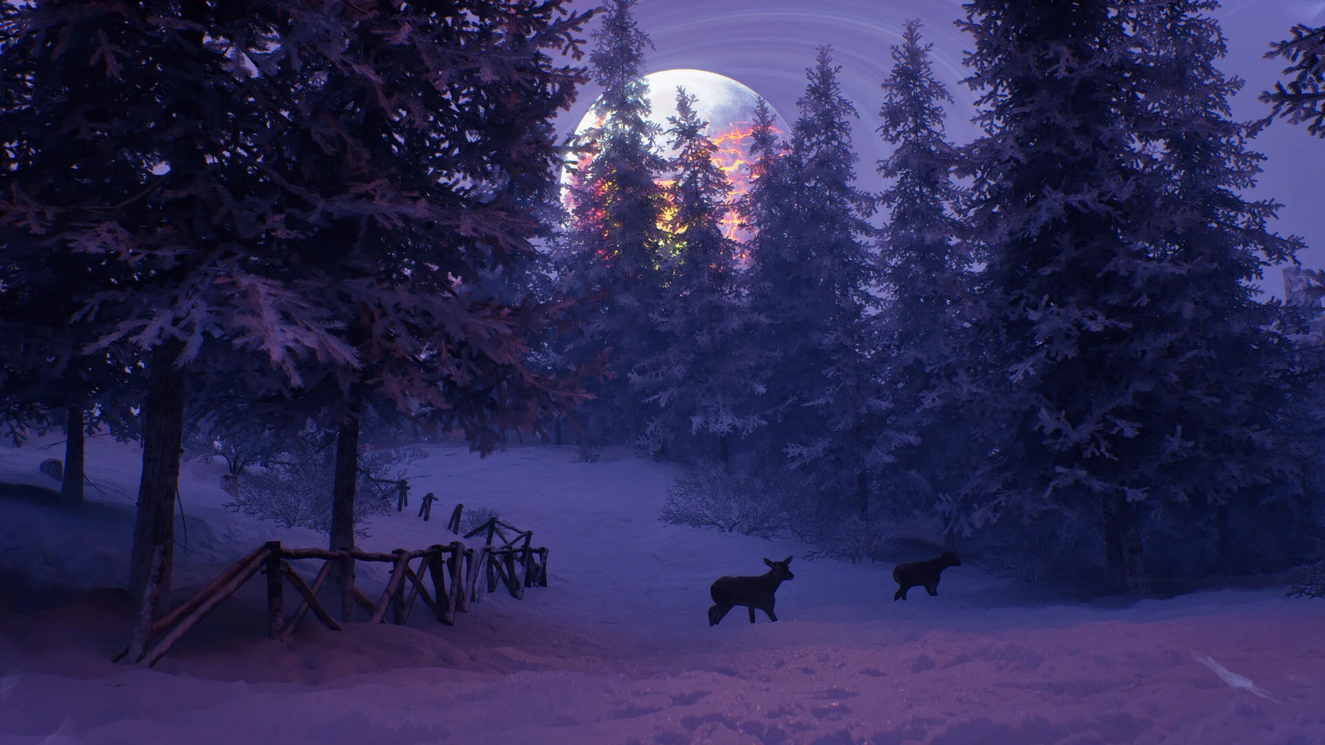 Two deer walk through a snowy pine forest at night under a large cracked moon and a purple sky
