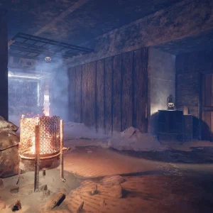 Inside a dark wooden shelter, a fire burns in a metal barrel next to a lantern on an oil drum