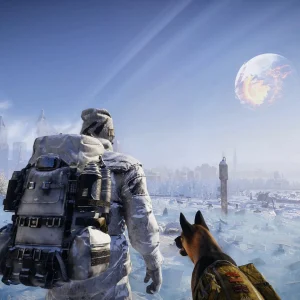 Permafrost survivor and dog overlooking a frozen city