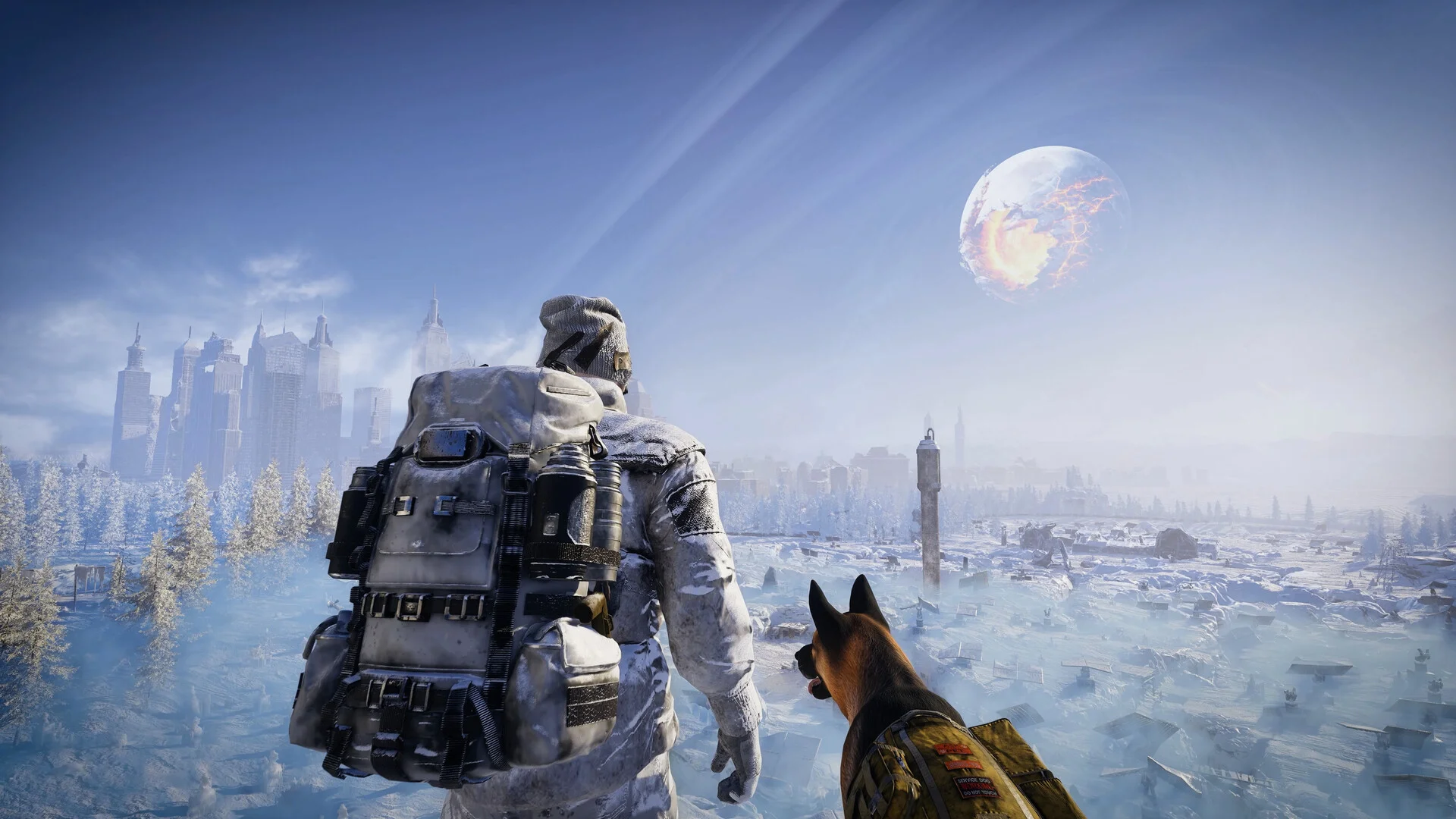 A survivor in a white winter coat and a German shepherd look across a frozen lake toward a ruined city skyline under a cracked moon