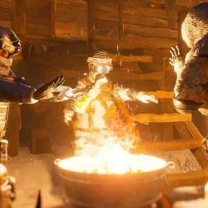 Three hooded survivors in frosted coats warm their hands over a fire bowl inside a wooden cabin