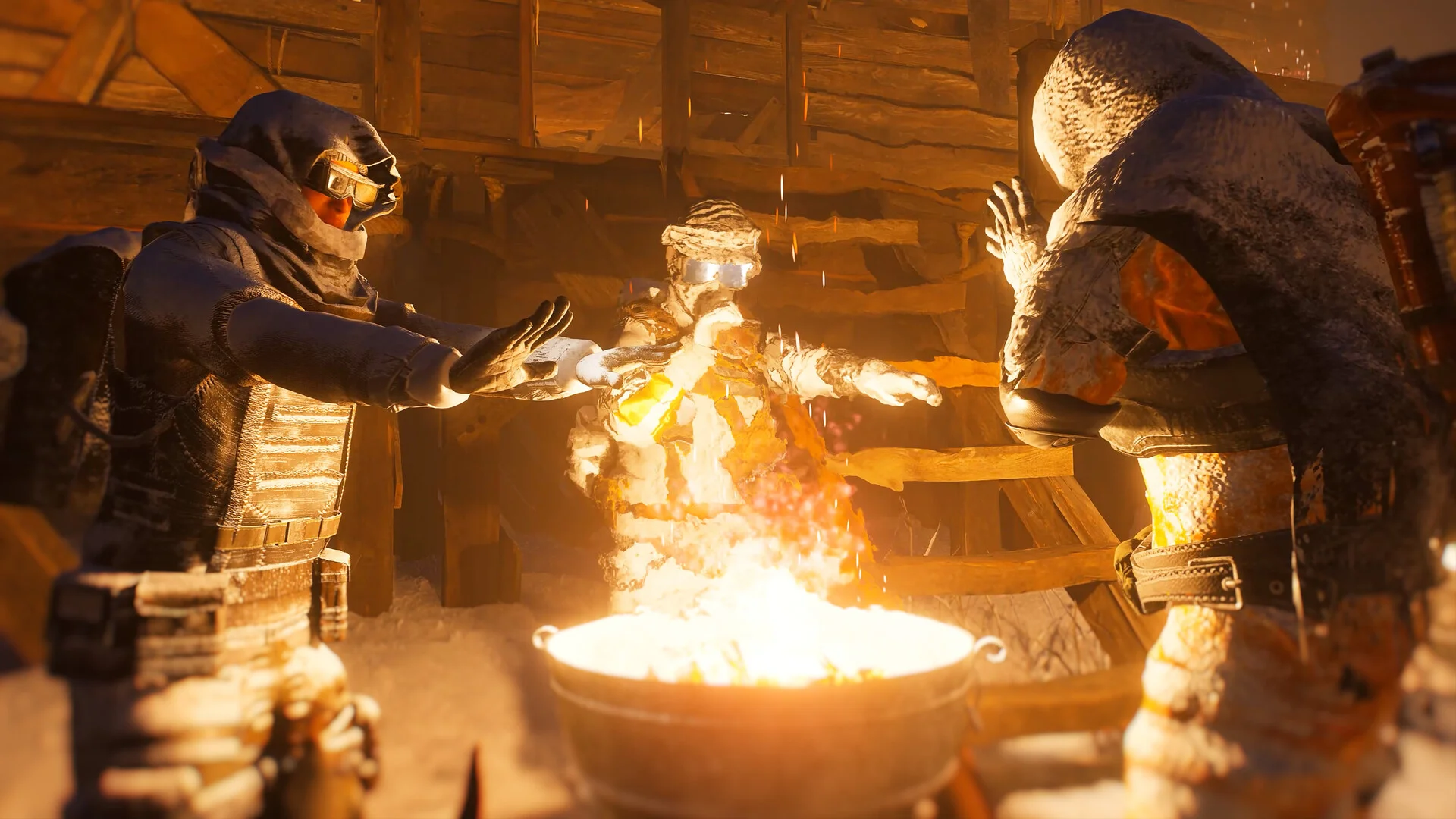 Three hooded survivors in frosted coats warm their hands over a fire bowl inside a wooden cabin