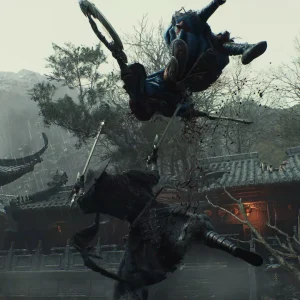 Soul leaps high over a temple courtyard to strike down at a crouching enemy on a misty grey day