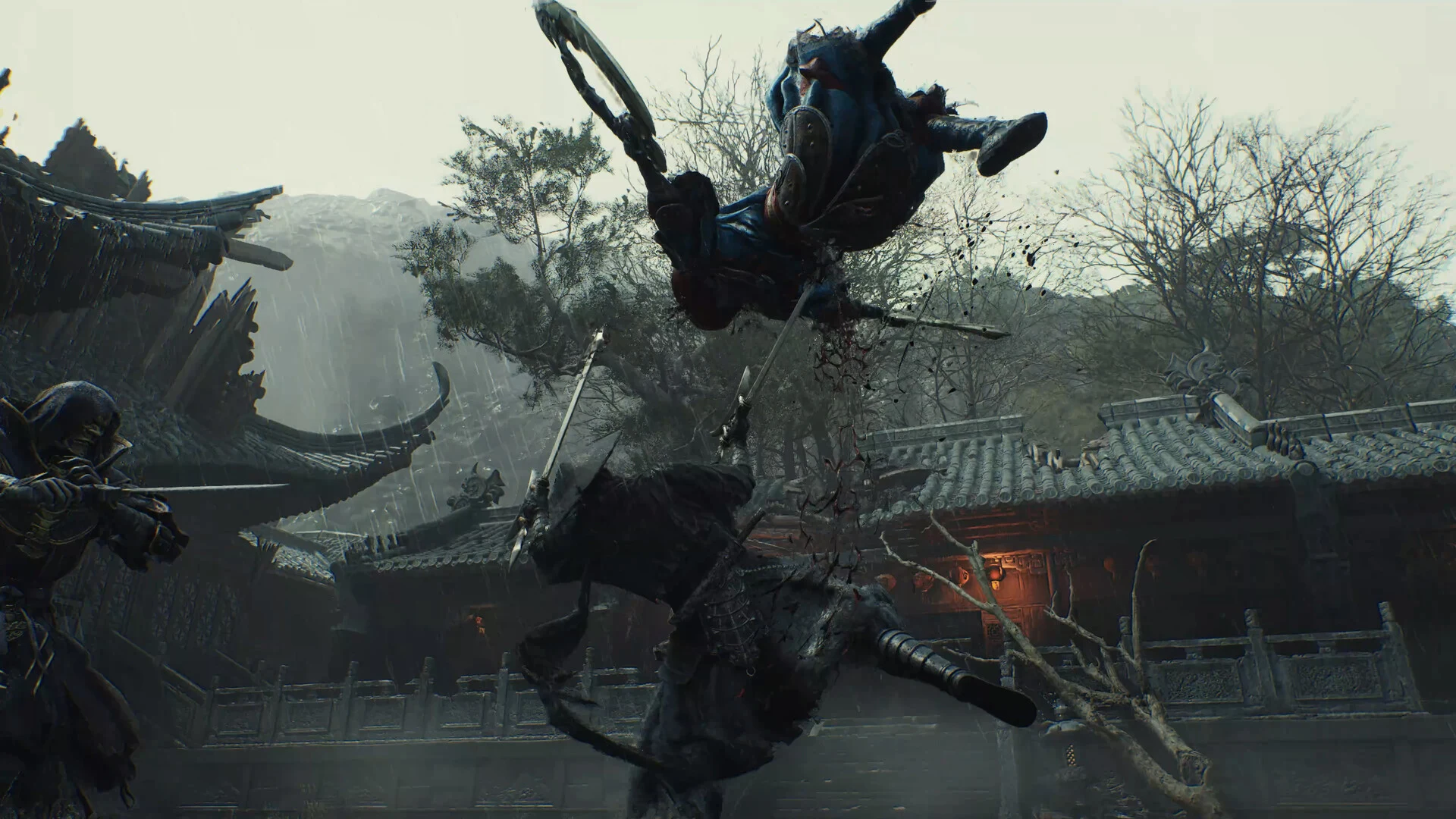 Soul leaps high over a temple courtyard to strike down at a crouching enemy on a misty grey day