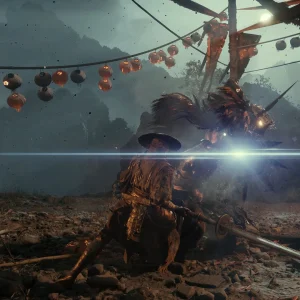 Sparks flash as Soul blocks a heavy blow from an armored warrior under strings of red paper lanterns