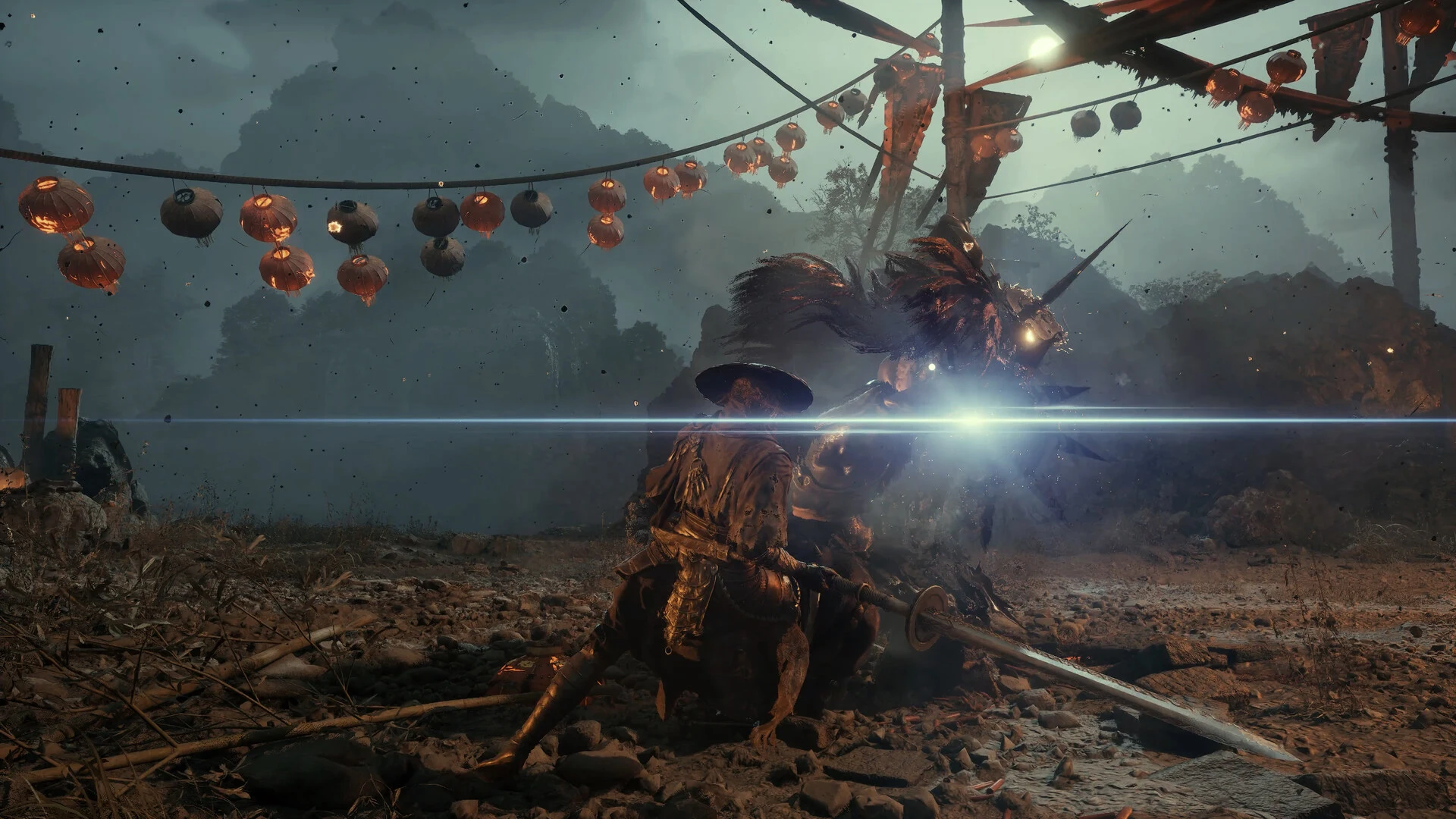 Sparks flash as Soul blocks a heavy blow from an armored warrior under strings of red paper lanterns
