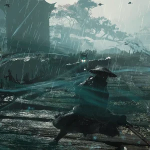 Soul dodges through heavy rain on a wooden walkway, leaving a teal blur of motion behind him