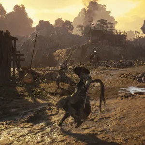 Soul fights several enemies in the dusty street of a broken village under a golden evening sky