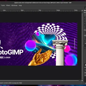 PhotoGIMP 3 window with the PhotoGIMP splash artwork open
