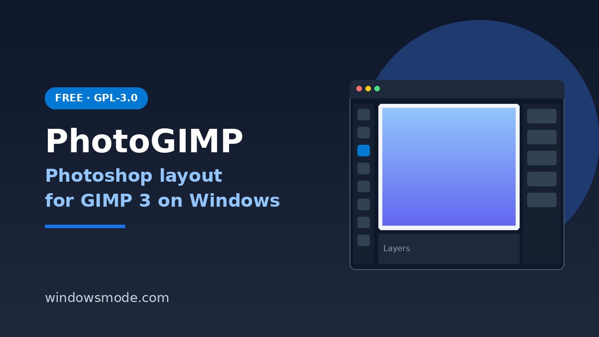 PhotoGIMP cover graphic: Photoshop-style panel layout for GIMP 3 on Windows, free GPL-3.0