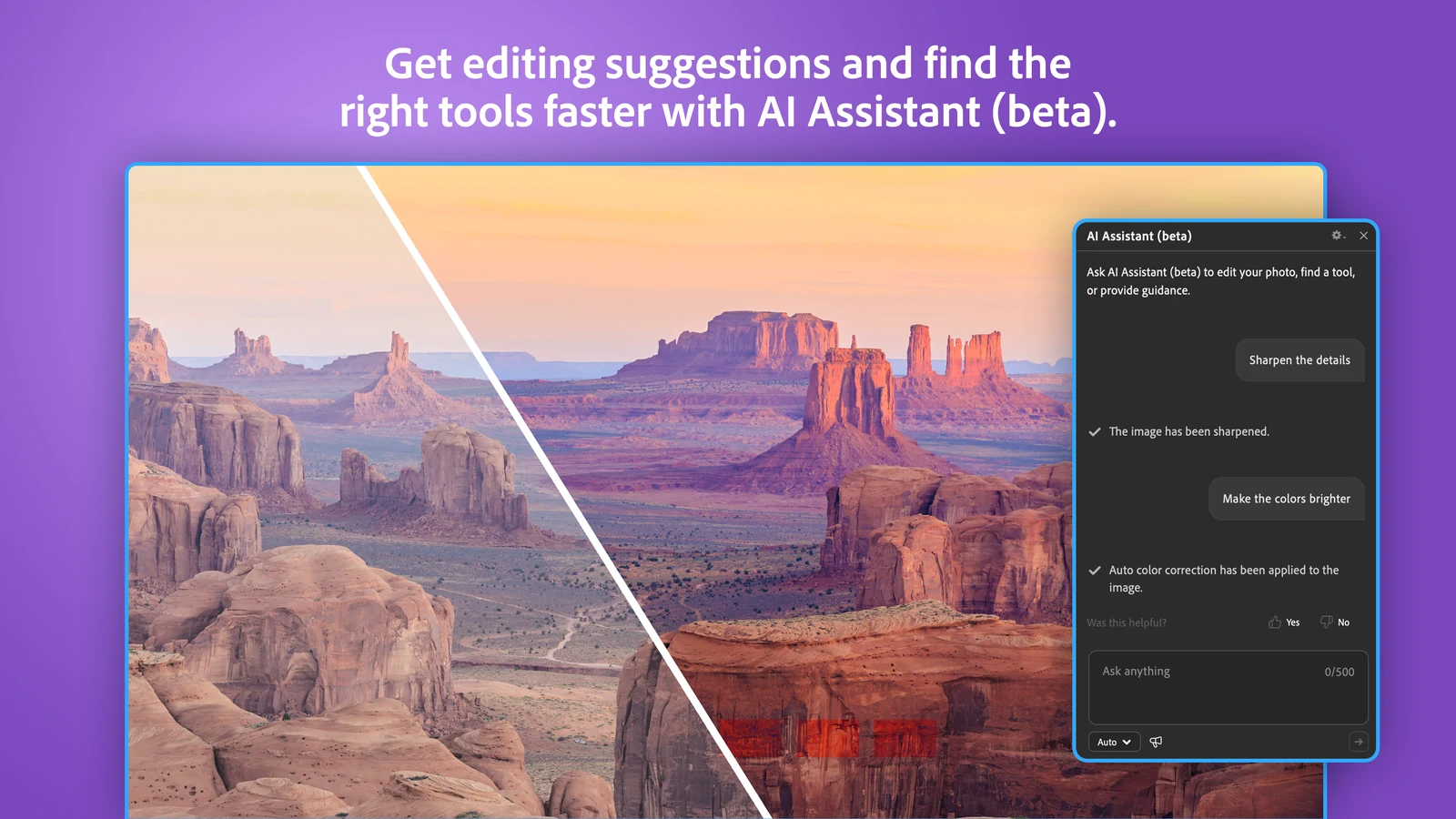 Photoshop Elements AI Assistant beta chat panel sharpening and brightening a desert canyon photo on request