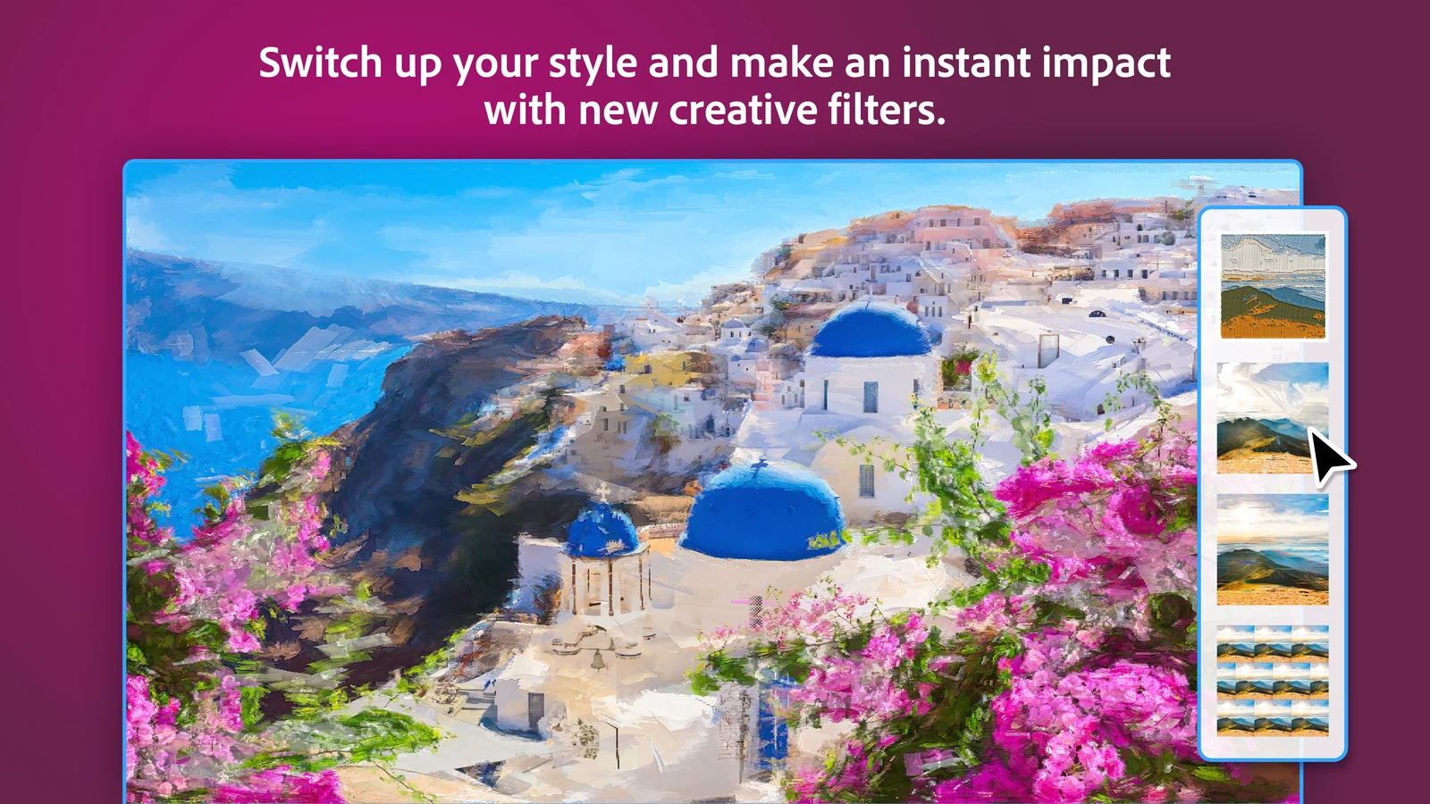An oil painting creative filter applied to a photo of a seaside village with white houses and blue domes, with filter presets on the side