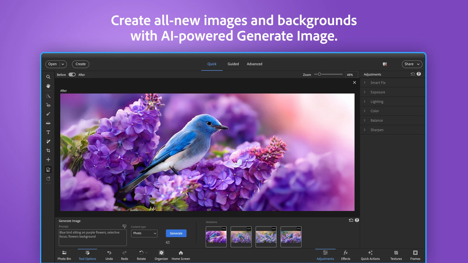Photoshop Elements Quick mode with the Generate Image panel, a prompt for a blue bird on purple flowers and four generated variations