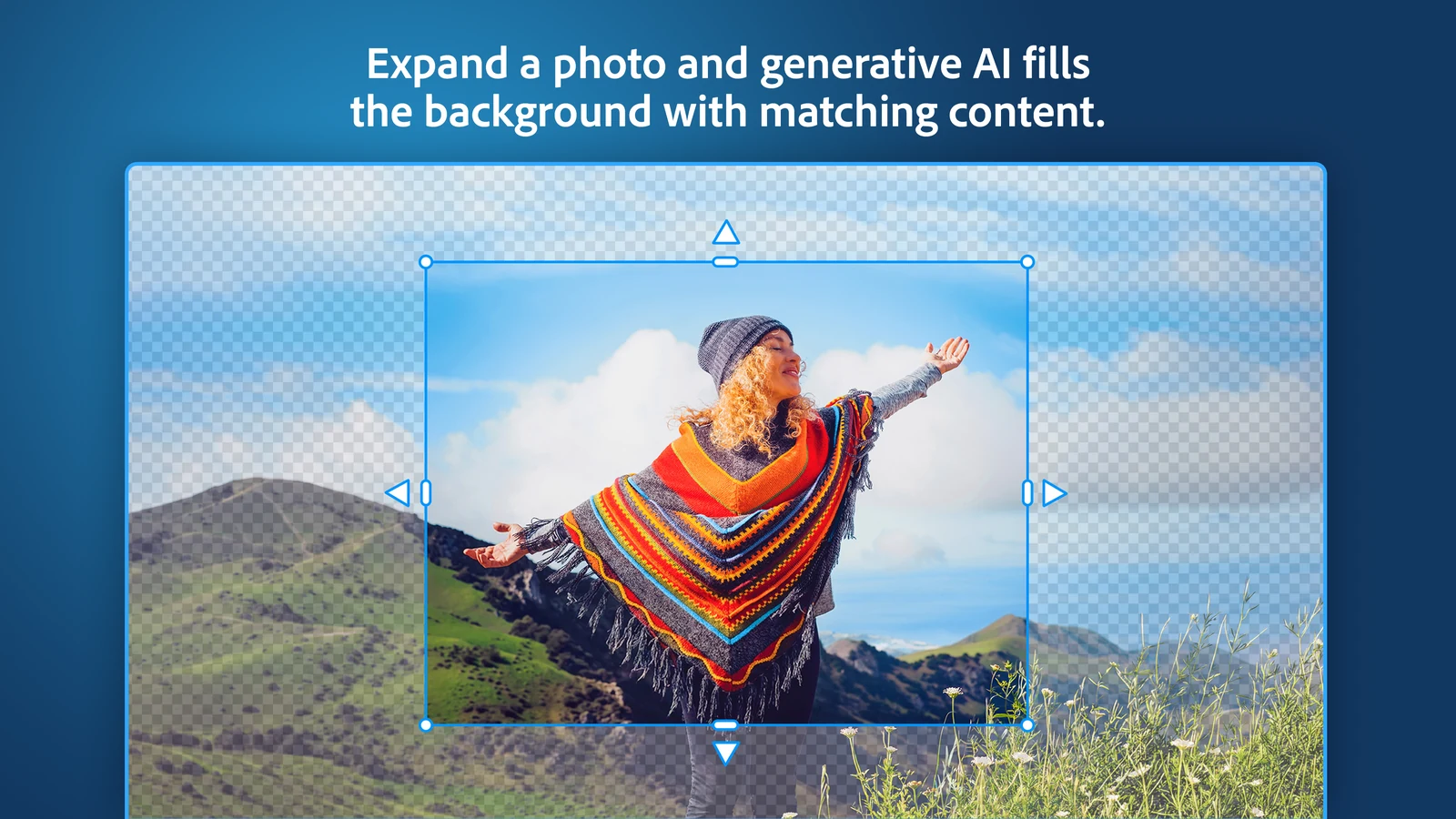 A photo of a woman on a hillside with its crop box dragged outward and generative AI filling the new sky and hills