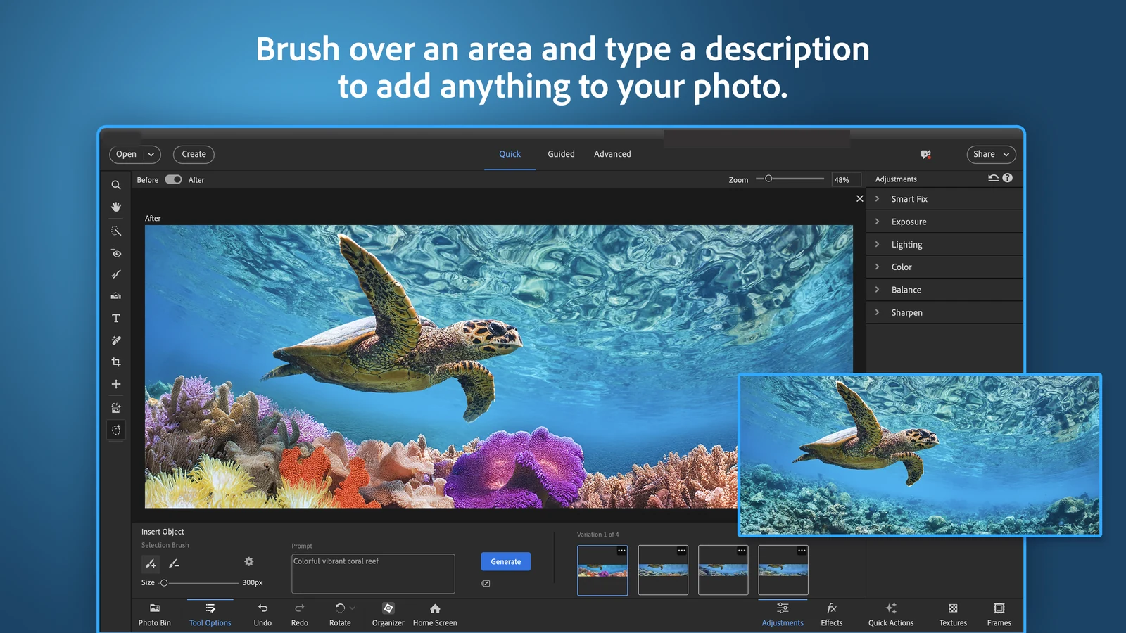 Photoshop Elements Insert Object panel adding a colorful coral reef under a swimming sea turtle from a typed prompt