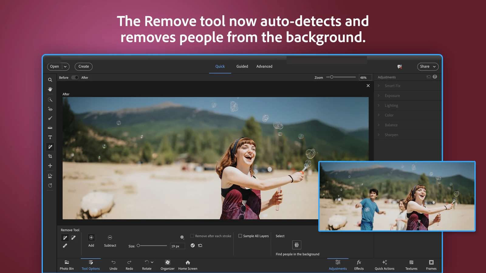 Photoshop Elements Remove tool erasing two people from the background of a beach photo, with the original shown in a corner inset