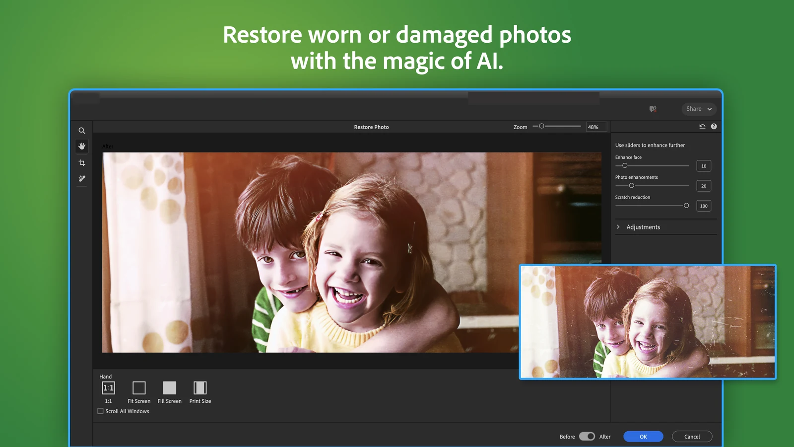 Photoshop Elements Restore Photo screen with sliders for face enhancement and scratch reduction, fixing a scratched old photo of two children