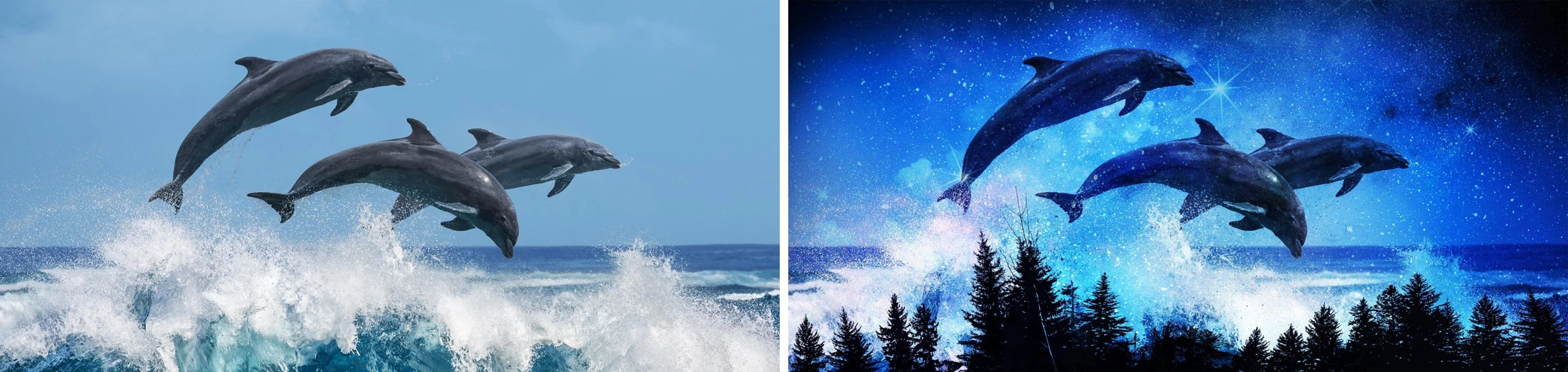 Two frames side by side: three dolphins leaping over a wave in daylight, and the same shot blended with a starry night sky and a pine tree silhouette