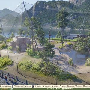 A large walk-through aviary in Planet Zoo 2 with a tall mesh cover over trees, rocks and a pond, seen from above