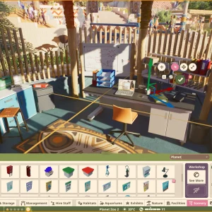 The Planet Zoo 2 scenery browser open at the bottom of the screen while a player builds the inside of a wooden shop piece by piece