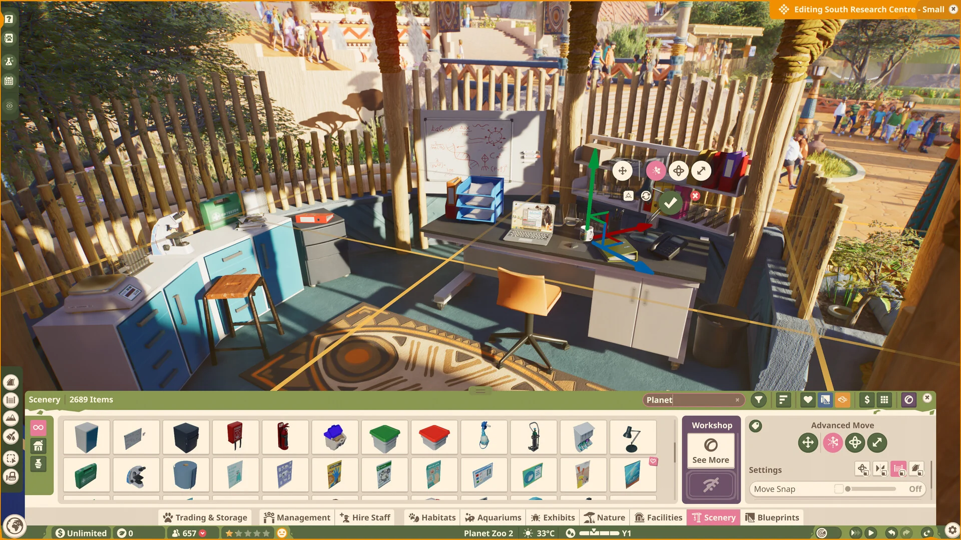 The Planet Zoo 2 scenery browser open at the bottom of the screen while a player builds the inside of a wooden shop piece by piece