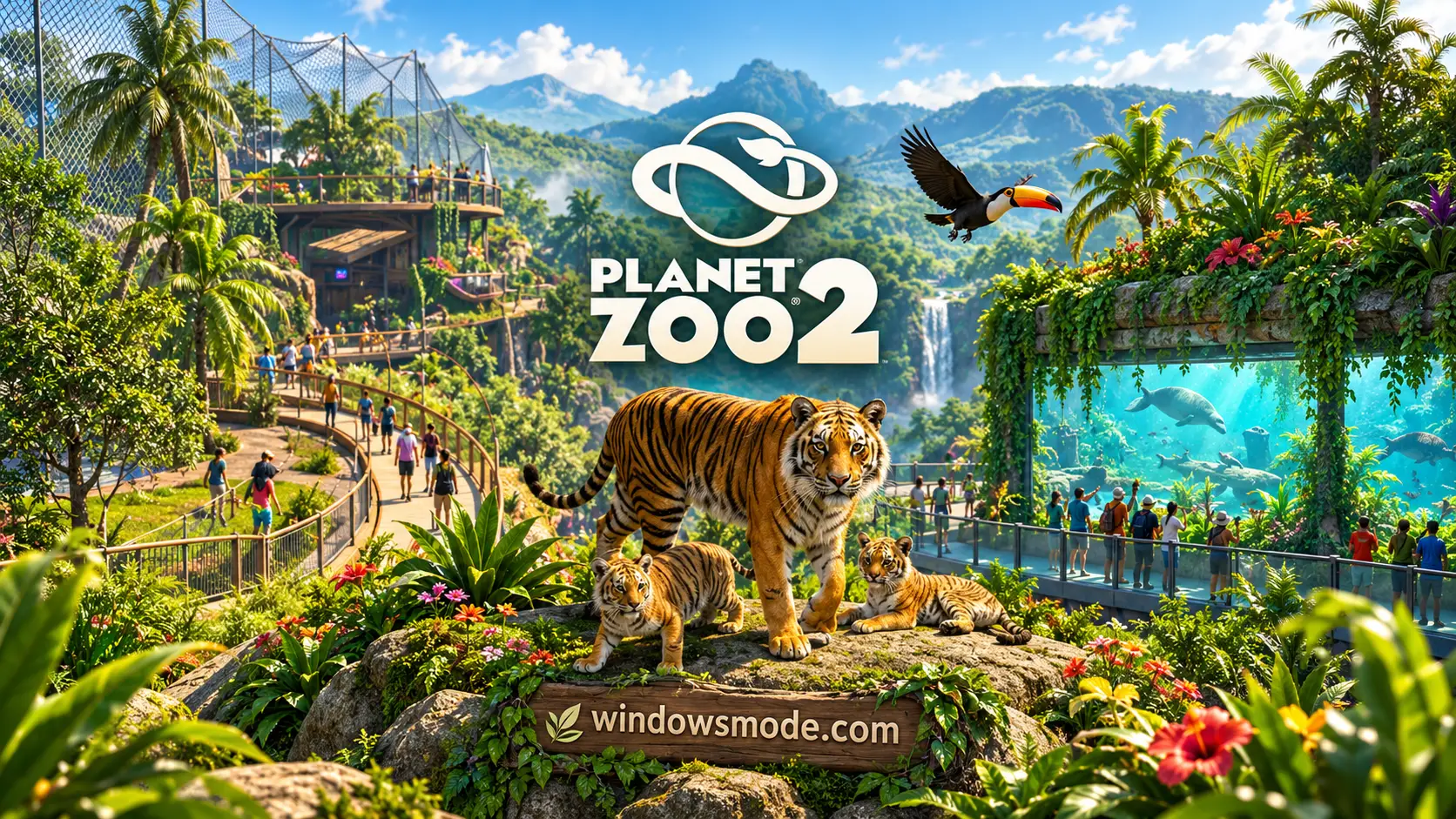 A tiger and two cubs stand on a mossy rock under the Planet Zoo 2 logo, with a toucan in flight, a jungle aviary and an aquarium full of guests behind them