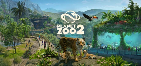 Planet Zoo 2 logo above a tiger and two cubs, with a toucan flying past a jungle aviary and an aquarium