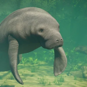 A manatee swims through green water in a Planet Zoo 2 aquarium