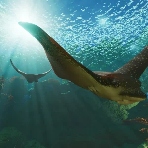 A large ray glides through sunlit blue water above a school of fish in a Planet Zoo 2 aquarium