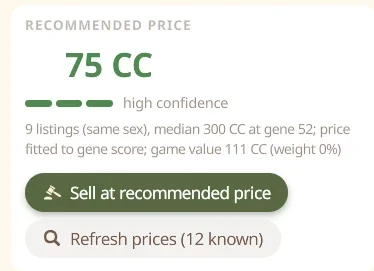 A Planet Zoo 2 mod panel showing a recommended animal sale price of 75 CC with a button to sell at that price