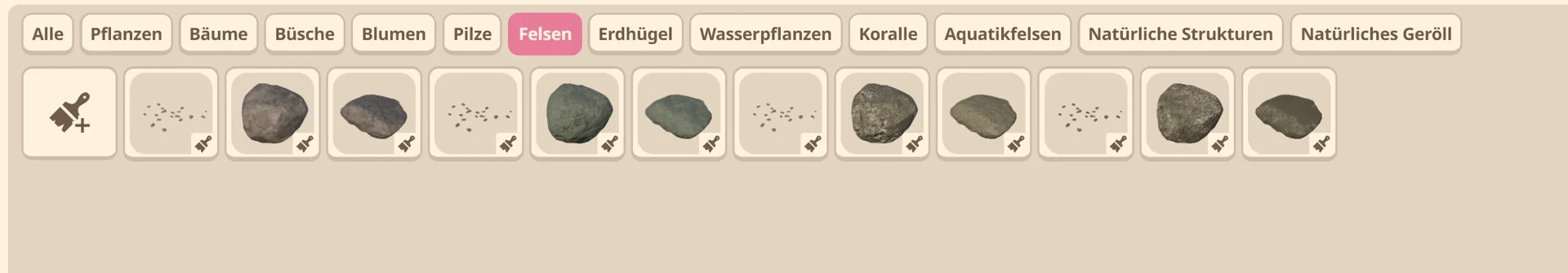 A row of category filter tabs above a list of rock brushes in the Planet Zoo 2 nature brush menu