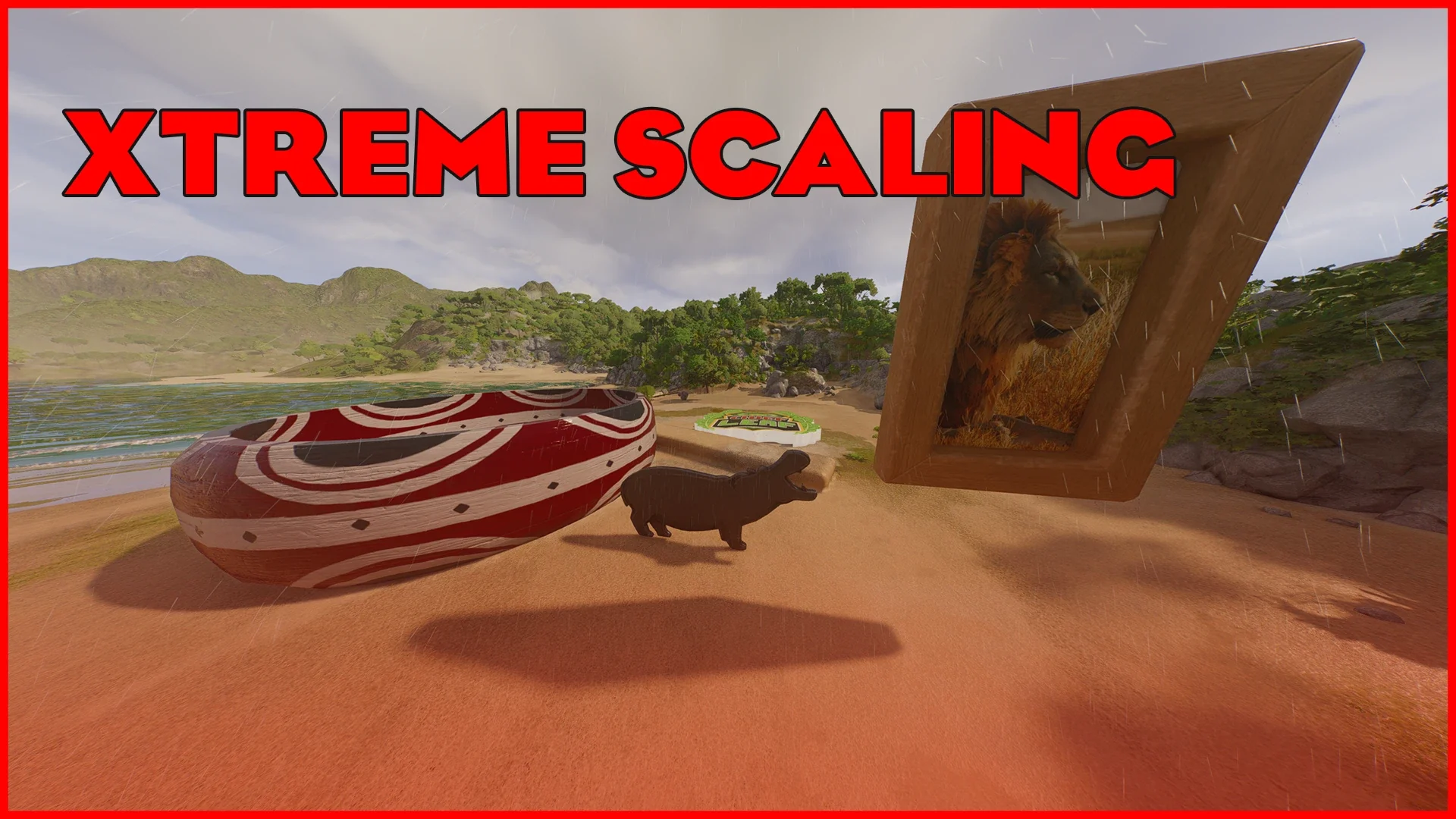 A giant boat and a huge framed lion picture tower over a small animal on a beach, under the words Xtreme Scaling