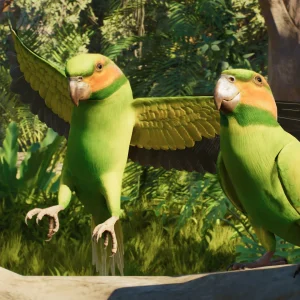 Two green parrots with orange faces sit on a branch in Planet Zoo 2, one with its wings spread