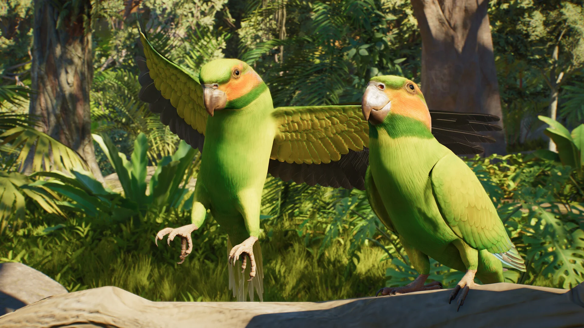 Two green parrots with orange faces sit on a branch in Planet Zoo 2, one with its wings spread