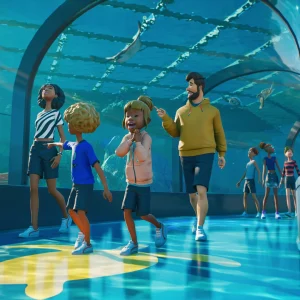 A family of zoo guests walks through a glass underwater tunnel in Planet Zoo 2 while a ray swims overhead