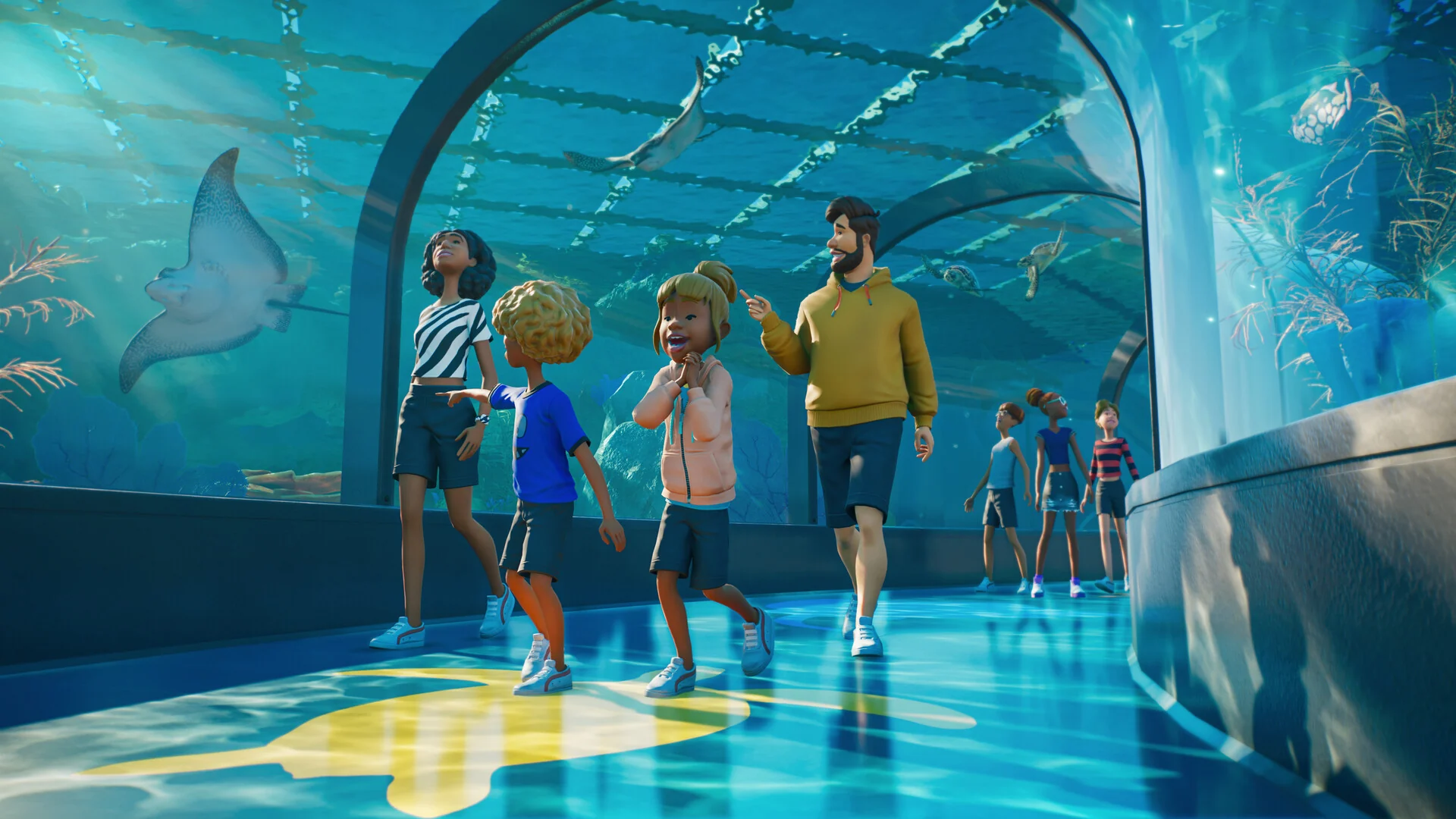 A family of zoo guests walks through a glass underwater tunnel in Planet Zoo 2 while a ray swims overhead