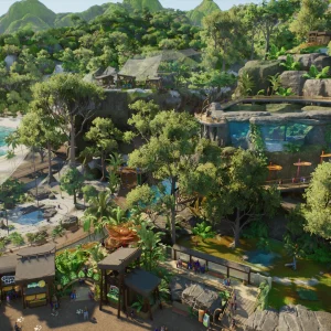 An aerial view of a Planet Zoo 2 zoo built on a tropical coast, with paths, shops, habitats and a beach