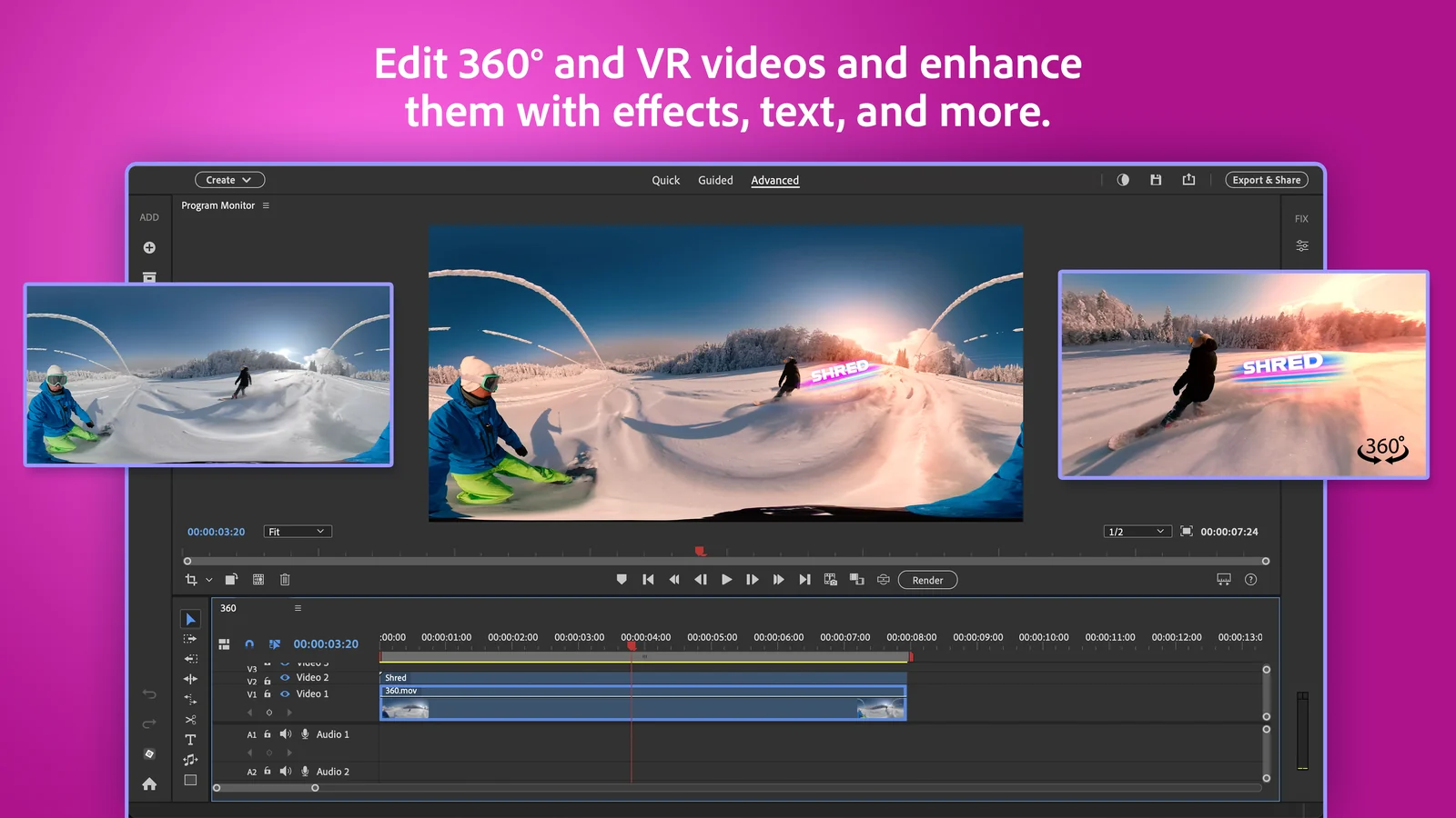 Premiere Elements Advanced mode editing a 360 degree snowboarding video with a SHRED text title added