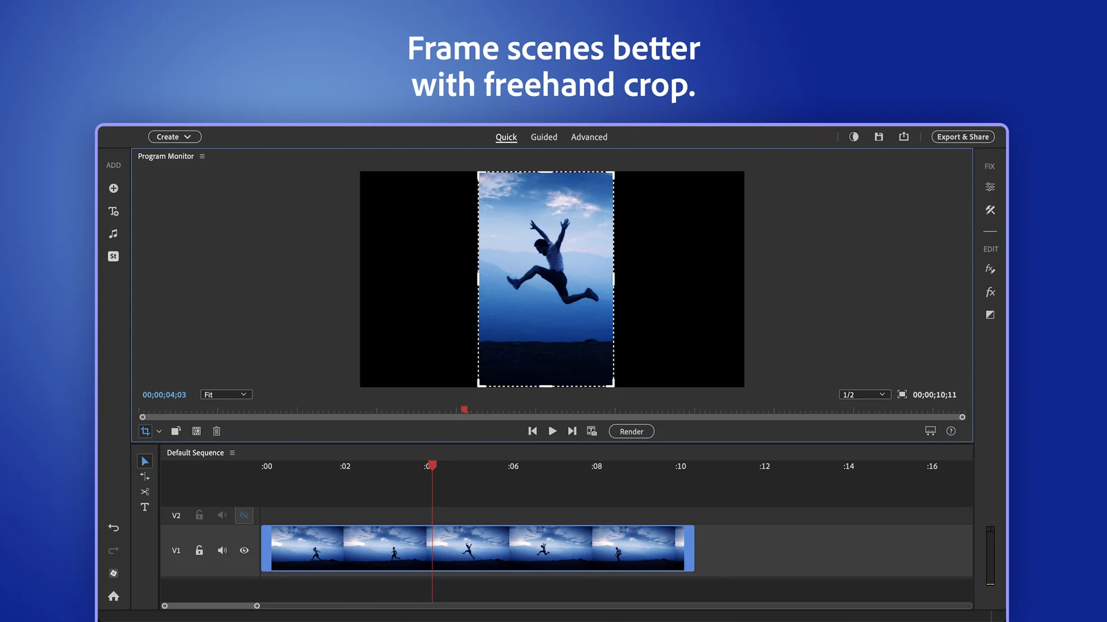 Premiere Elements freehand crop box cutting a wide video of a person jumping down to a tall vertical frame