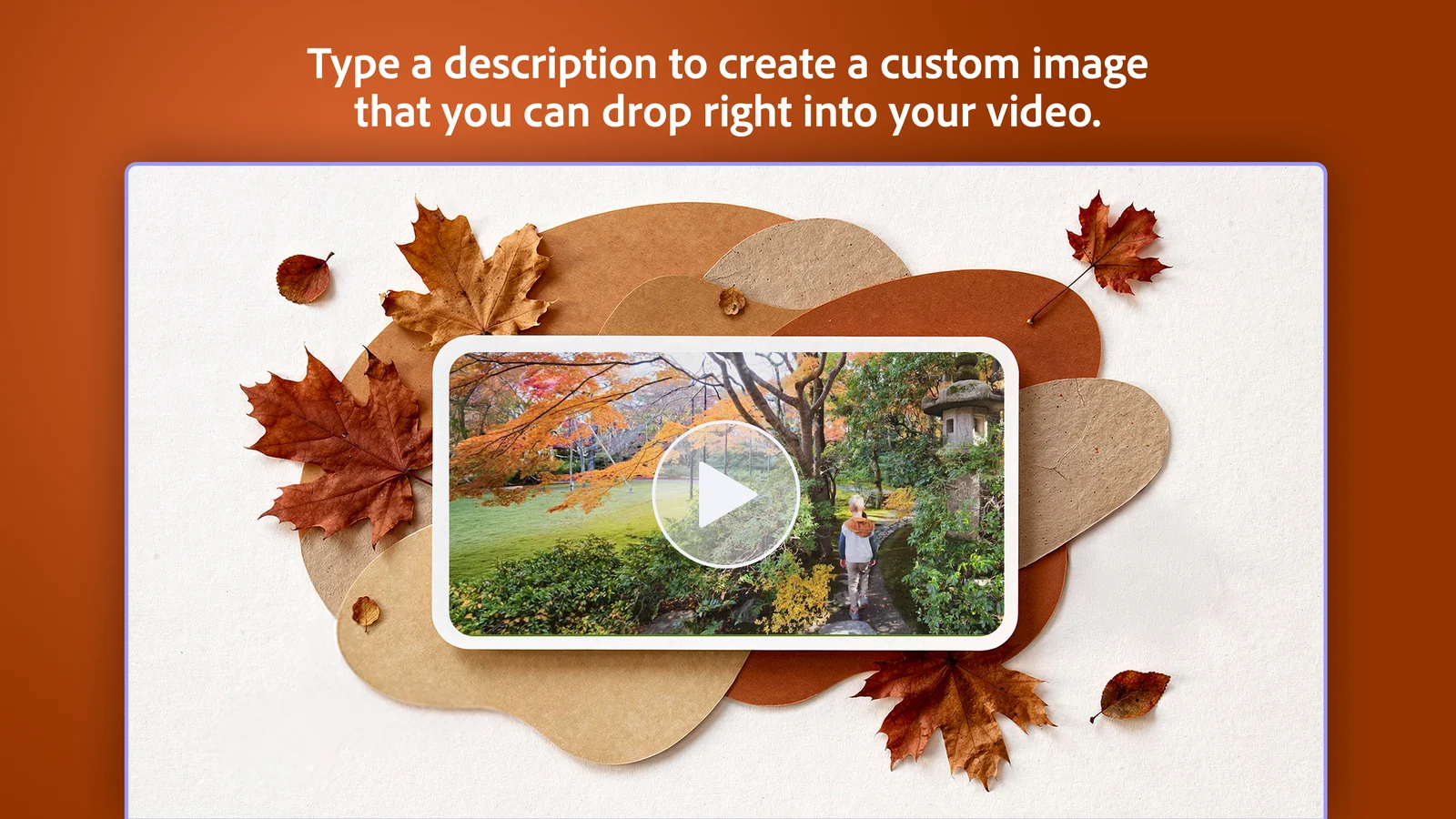 An AI-generated autumn leaf and paper collage used as a frame around a video of a woman walking through a Japanese garden