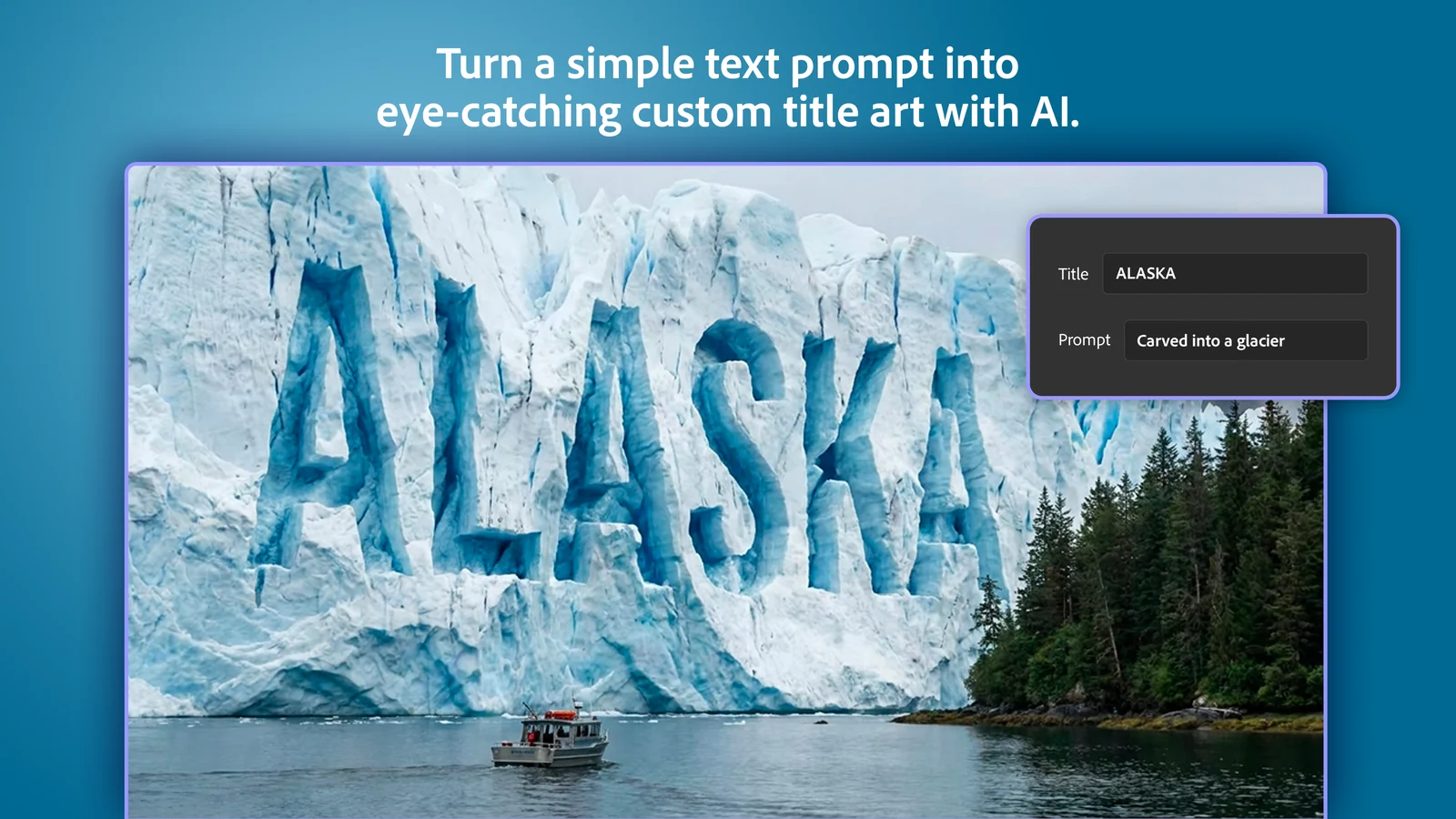 The title ALASKA turned into giant letters carved into a glacier, made from the prompt Carved into a glacier in Premiere Elements