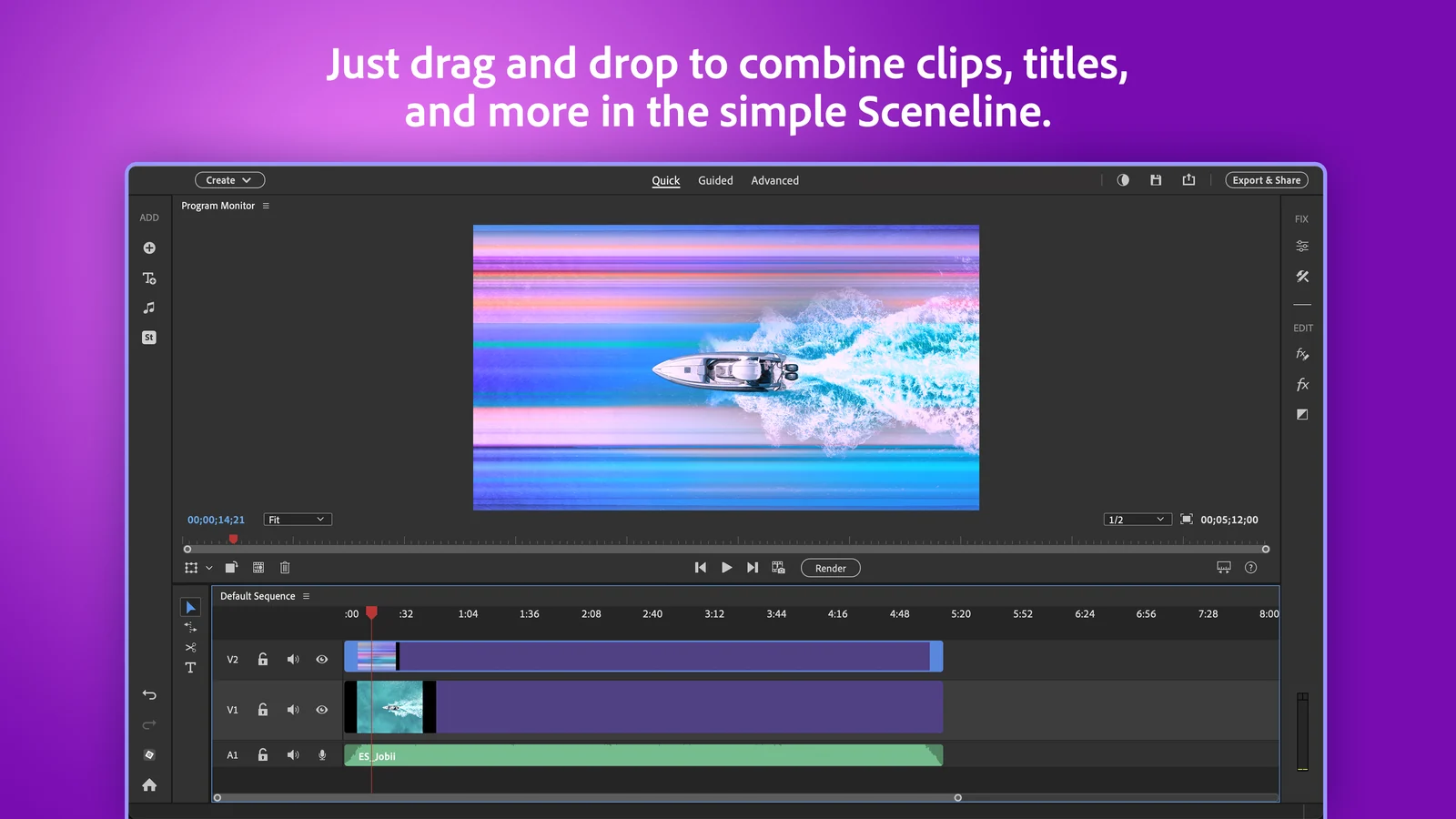 Premiere Elements in Quick mode with a speedboat clip in the Program Monitor and video, title and music tracks lined up in the Sceneline below