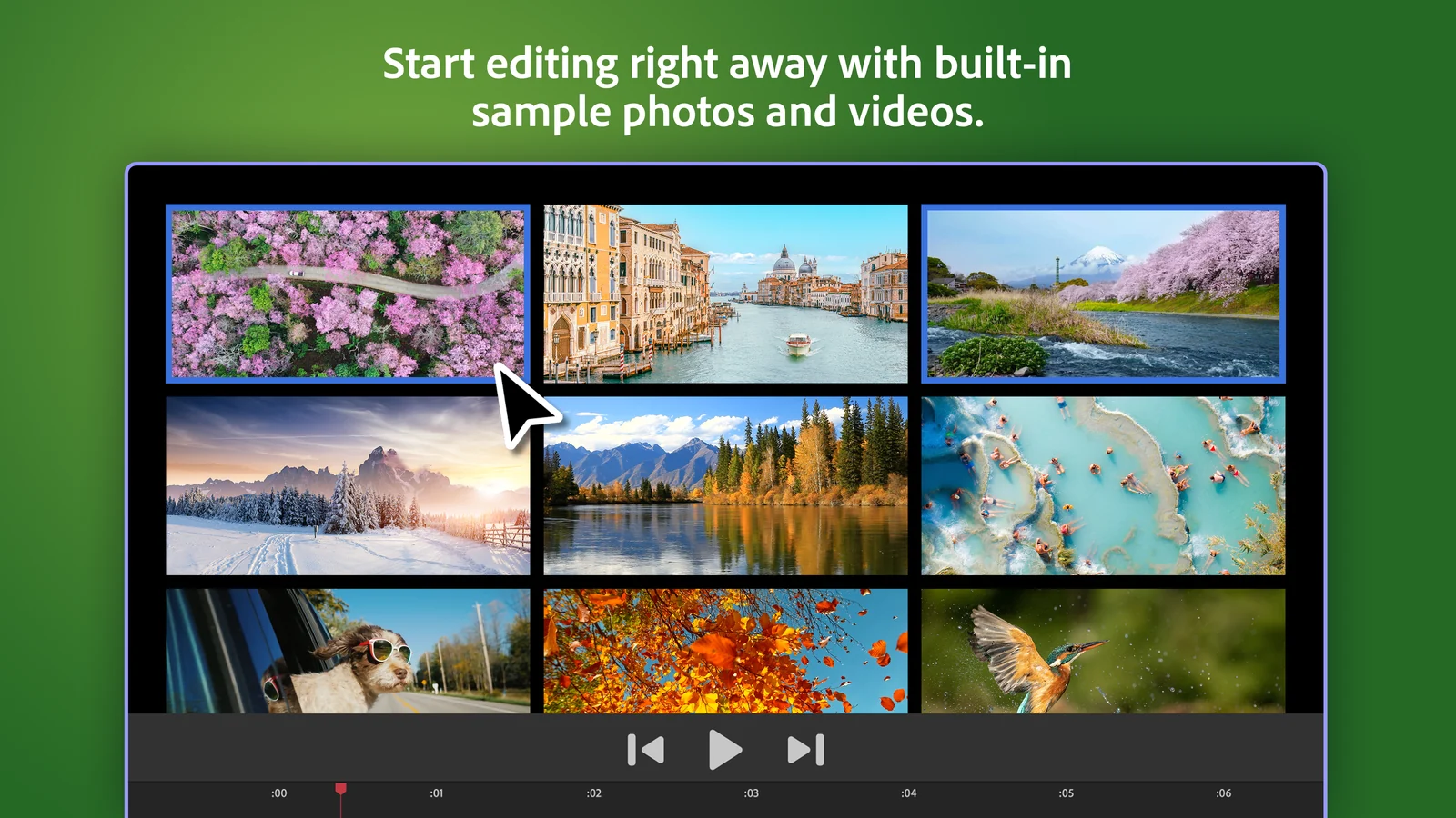 A grid of built-in sample photos and videos in Premiere Elements, including cherry blossoms, Venice canals, a snowy sunset and a kingfisher