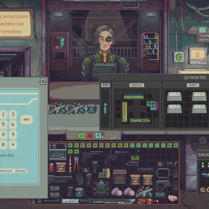A customer with an eyepatch waits at the counter while a keypad and a 3D printer window are open over the shop stock