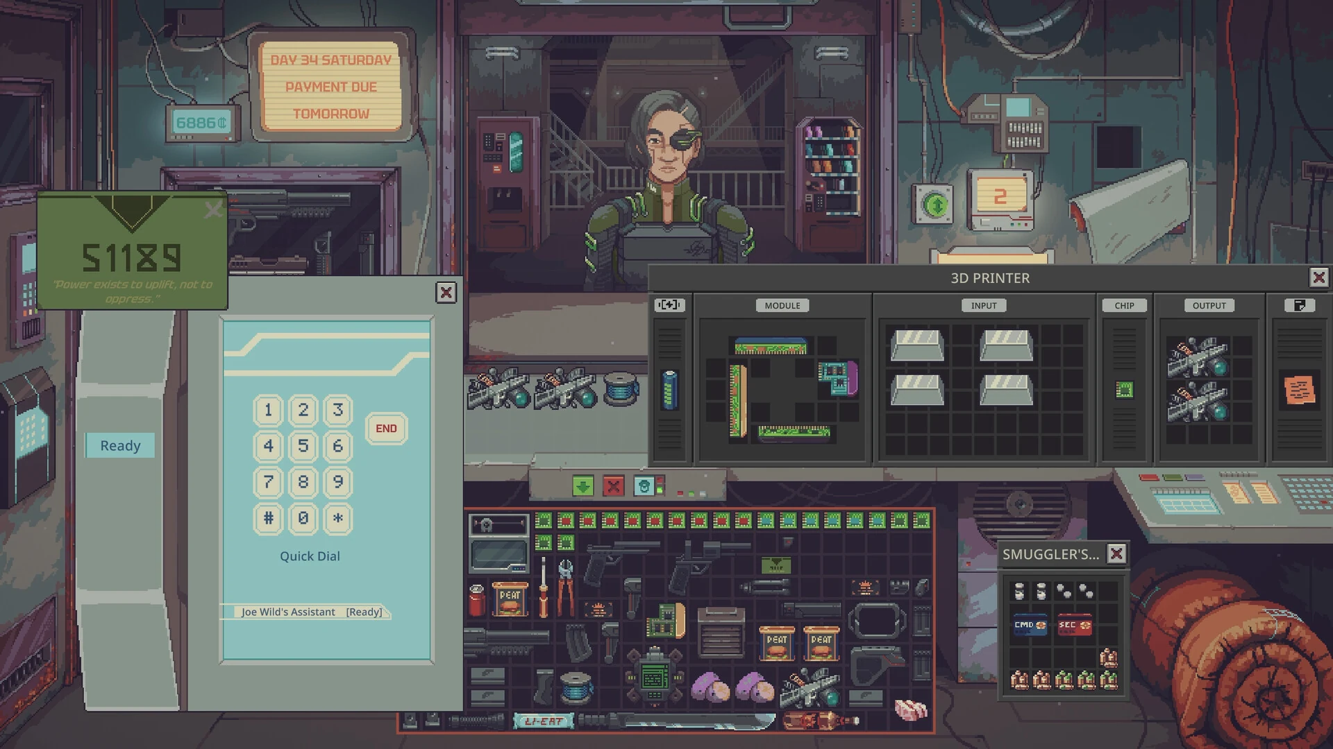 A customer with an eyepatch waits at the counter while a keypad and a 3D printer window are open over the shop stock