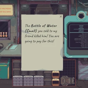 A handwritten note says a bottle of water sold at the shop killed the writer's friend, next to a water test readout